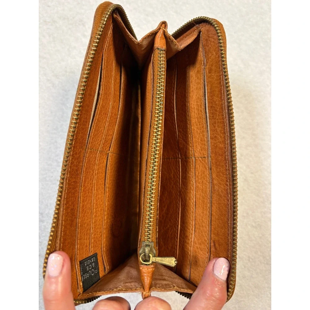 JP Ourse & Cie Geneve Tan Leather Zip Around Accordion Wallet Brass Hardware